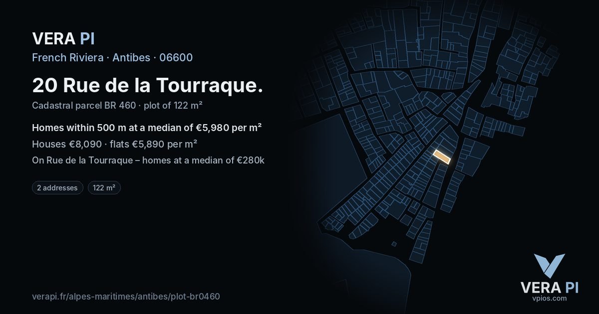 20 Rue de la Tourraque, Antibes at night – the plot lit, the parcels around coloured by the prices near them