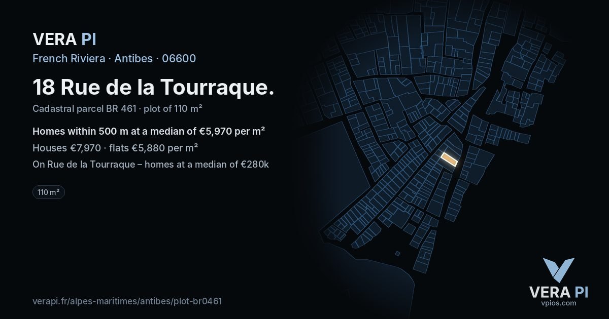 18 Rue de la Tourraque, Antibes at night – the plot lit, the parcels around coloured by the prices near them