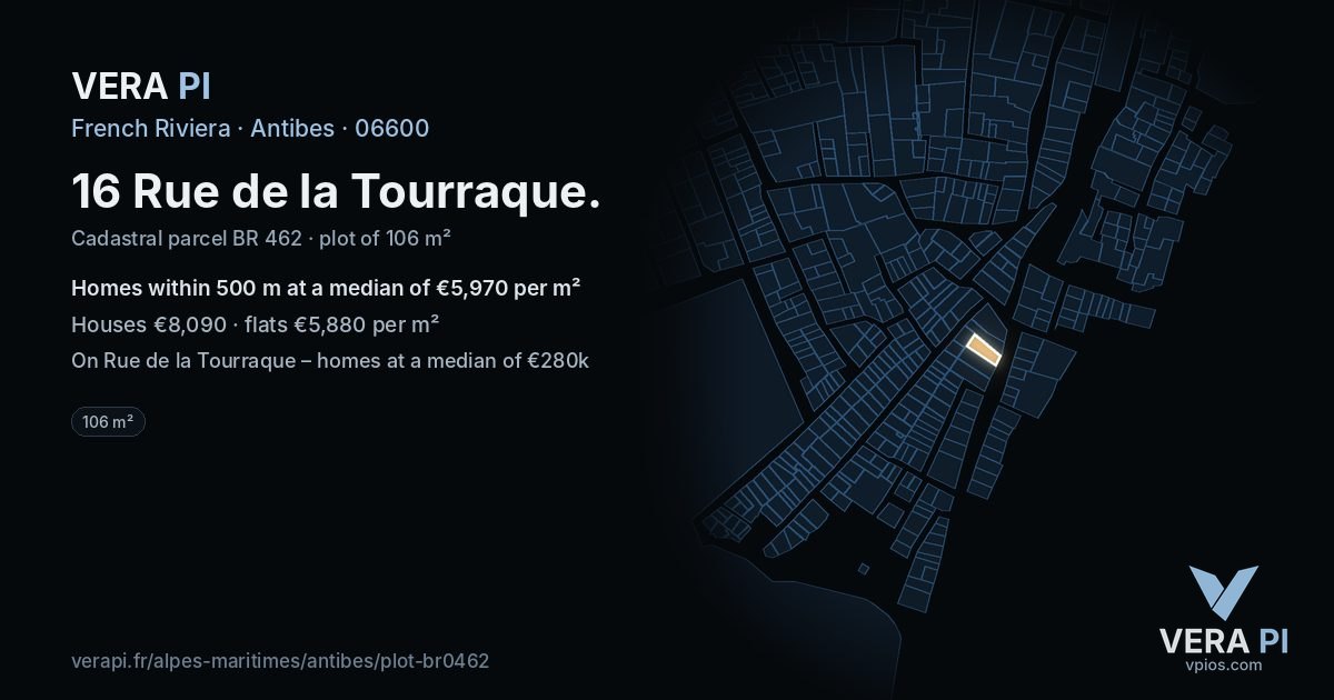 16 Rue de la Tourraque, Antibes at night – the plot lit, the parcels around coloured by the prices near them