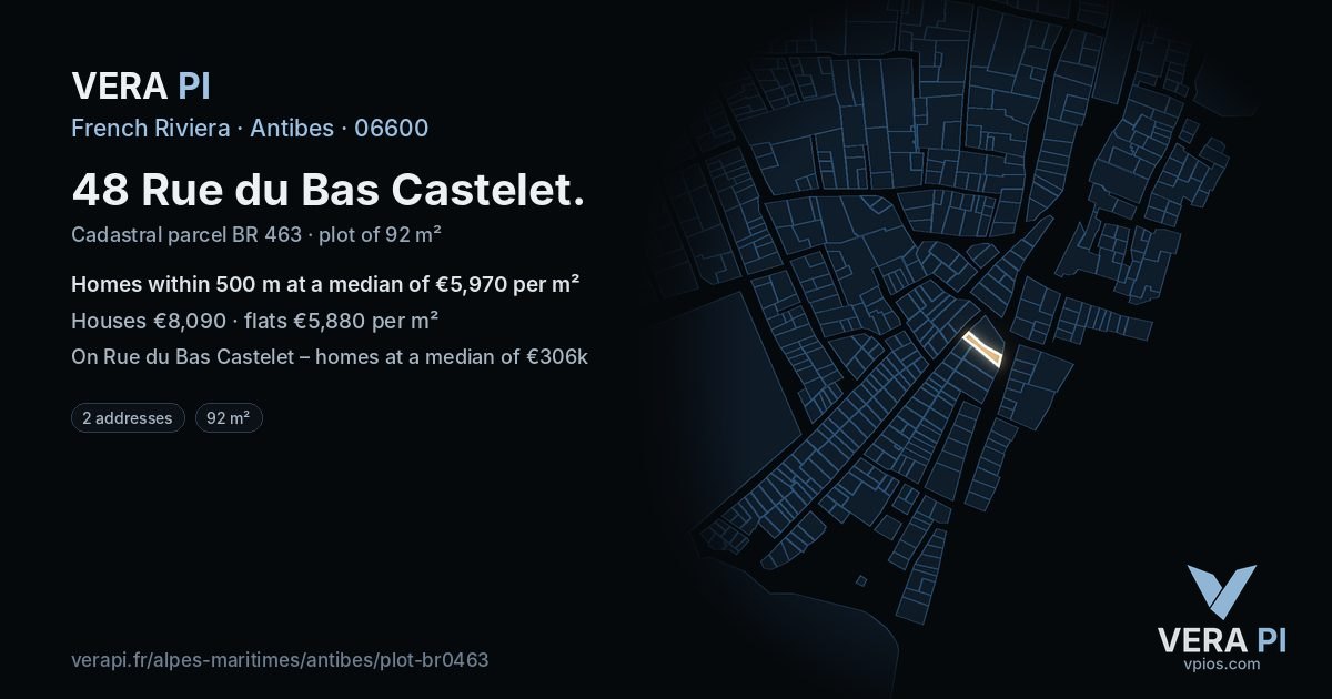 48 Rue du Bas Castelet, Antibes at night – the plot lit, the parcels around coloured by the prices near them