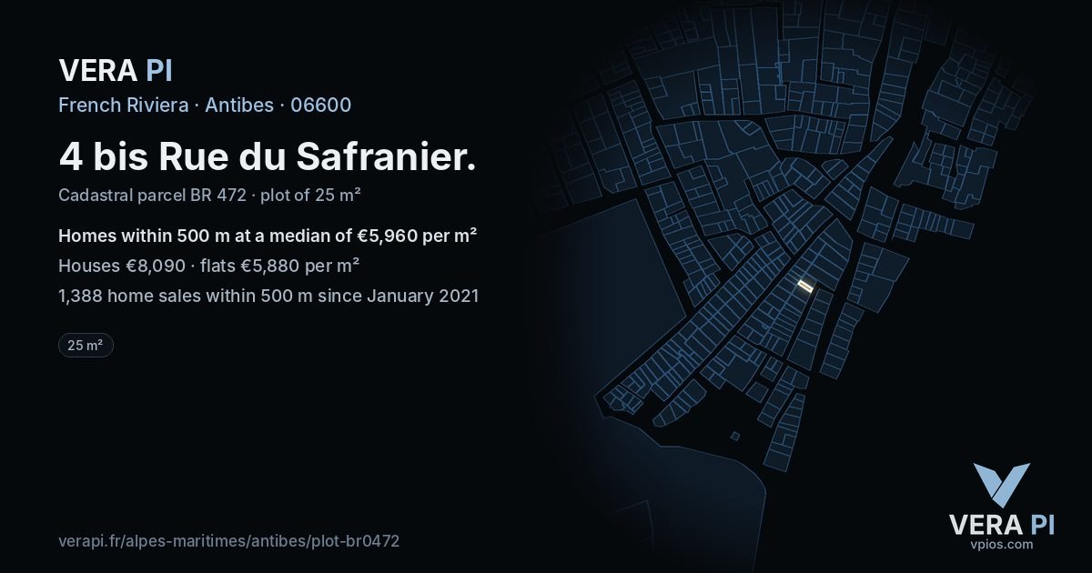 4 bis Rue du Safranier, Antibes at night – the plot lit, the parcels around coloured by the prices near them