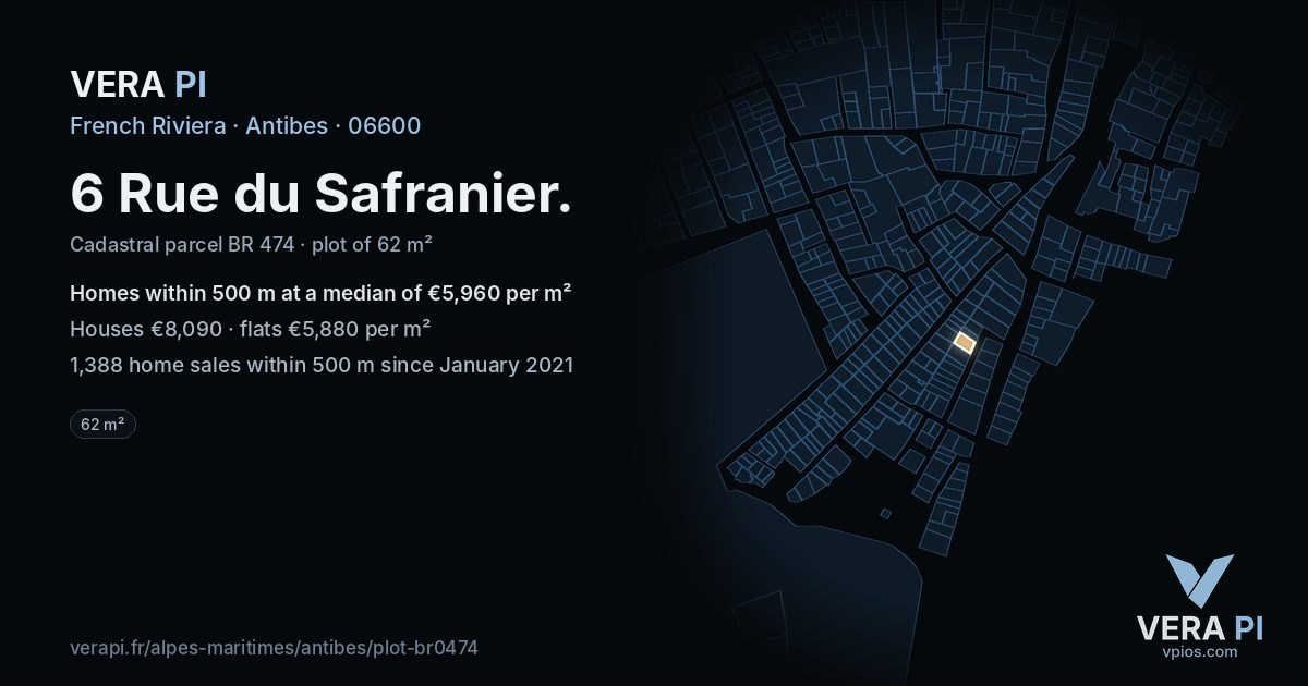 6 Rue du Safranier, Antibes at night – the plot lit, the parcels around coloured by the prices near them