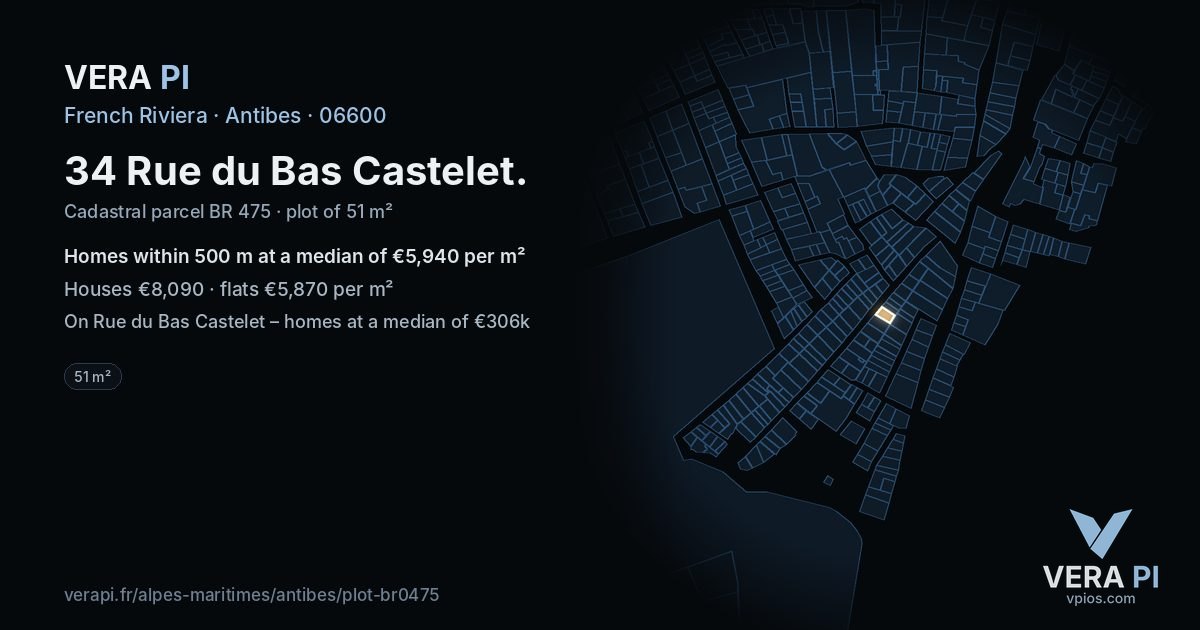34 Rue du Bas Castelet, Antibes at night – the plot lit, the parcels around coloured by the prices near them