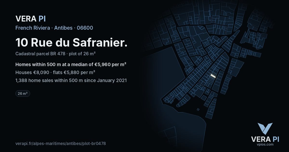 10 Rue du Safranier, Antibes at night – the plot lit, the parcels around coloured by the prices near them