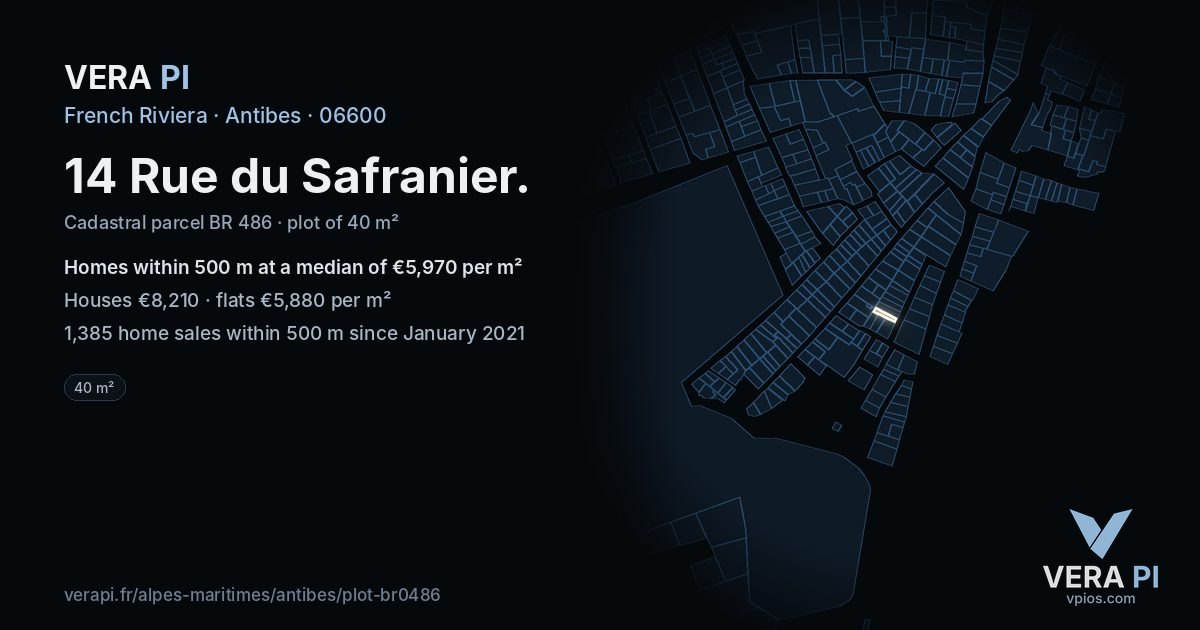 14 Rue du Safranier, Antibes at night – the plot lit, the parcels around coloured by the prices near them