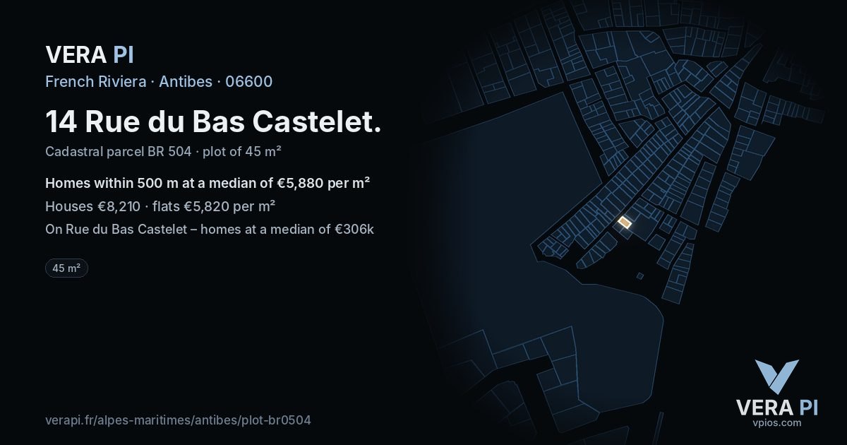 14 Rue du Bas Castelet, Antibes at night – the plot lit, the parcels around coloured by the prices near them
