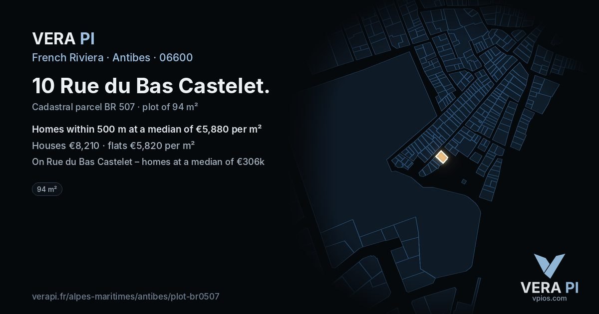 10 Rue du Bas Castelet, Antibes at night – the plot lit, the parcels around coloured by the prices near them