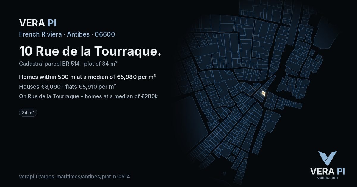 10 Rue de la Tourraque, Antibes at night – the plot lit, the parcels around coloured by the prices near them