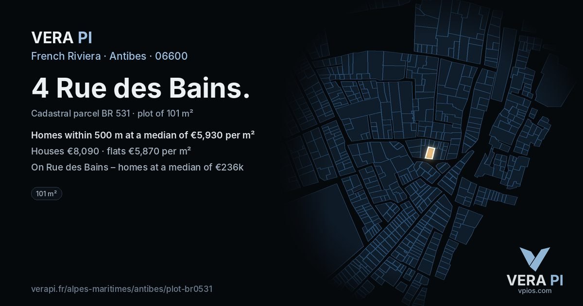 4 Rue des Bains, Antibes at night – the plot lit, the parcels around coloured by the prices near them