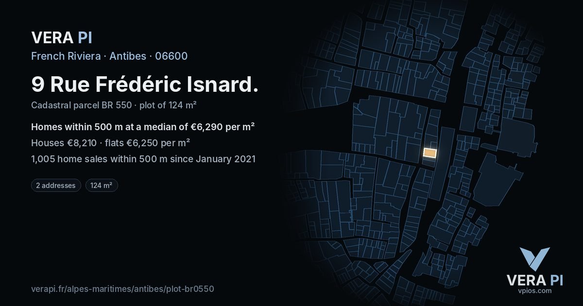 9 Rue Frédéric Isnard, Antibes at night – the plot lit, the parcels around coloured by the prices near them