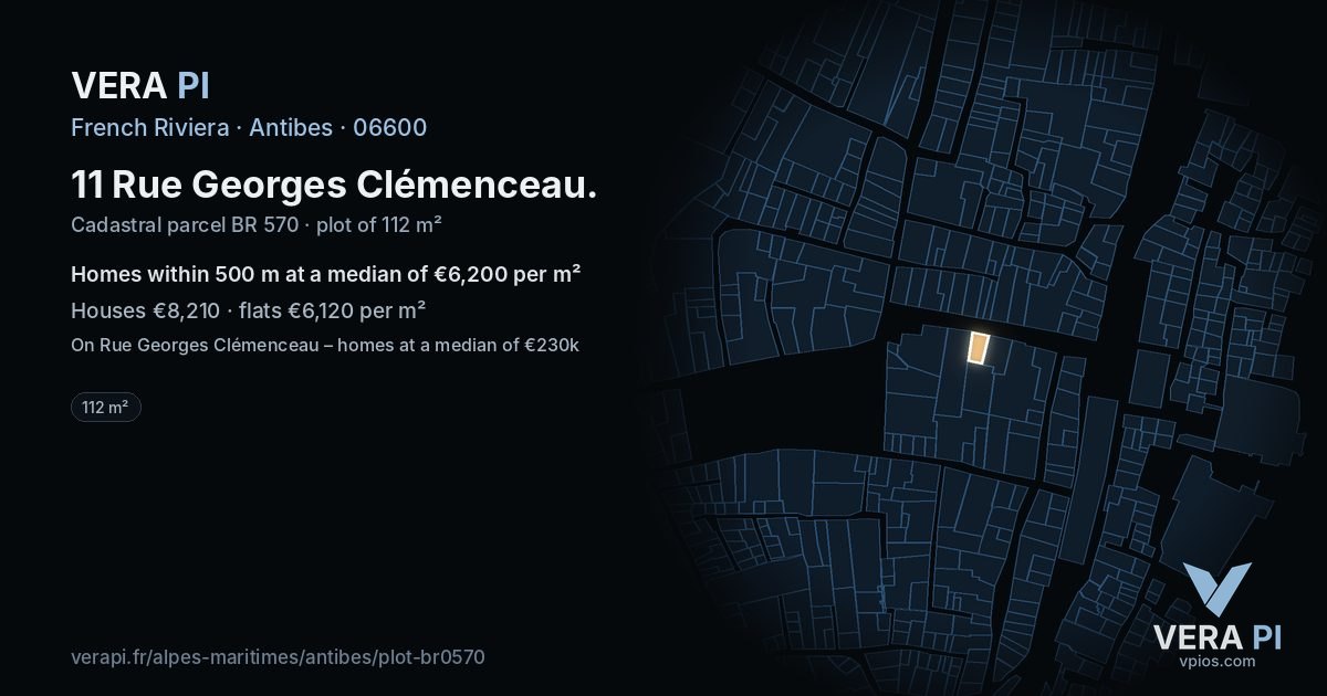 11 Rue Georges Clémenceau, Antibes at night – the plot lit, the parcels around coloured by the prices near them
