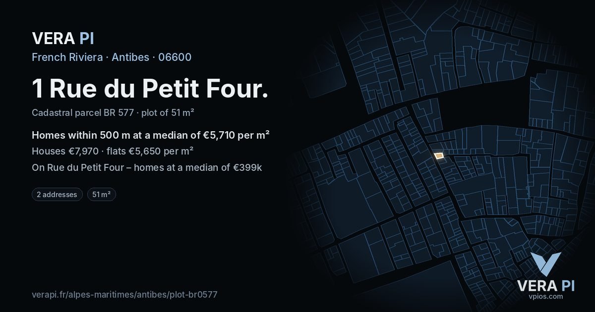 1 Rue du Petit Four, Antibes at night – the plot lit, the parcels around coloured by the prices near them