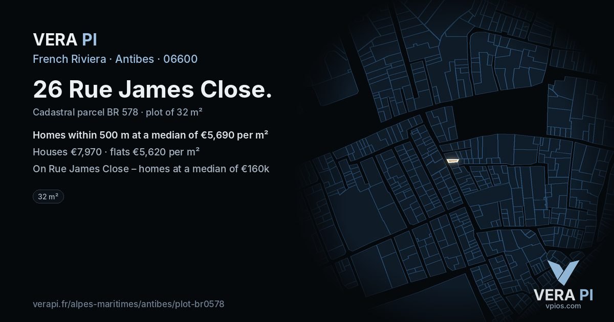 26 Rue James Close, Antibes at night – the plot lit, the parcels around coloured by the prices near them