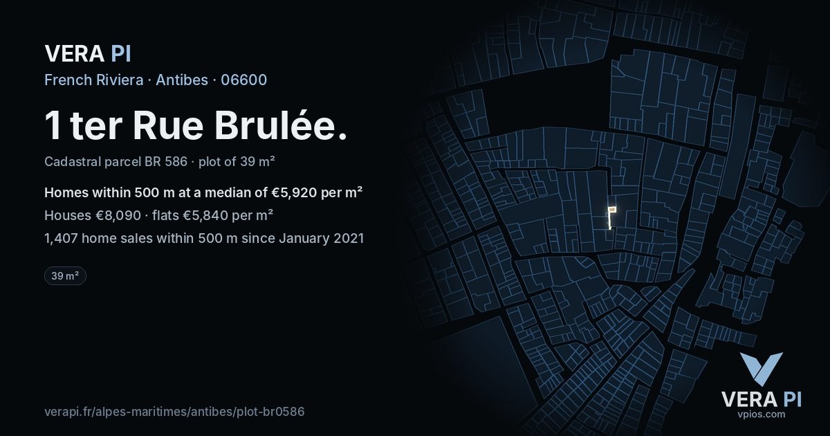1 ter Rue Brulée, Antibes at night – the plot lit, the parcels around coloured by the prices near them