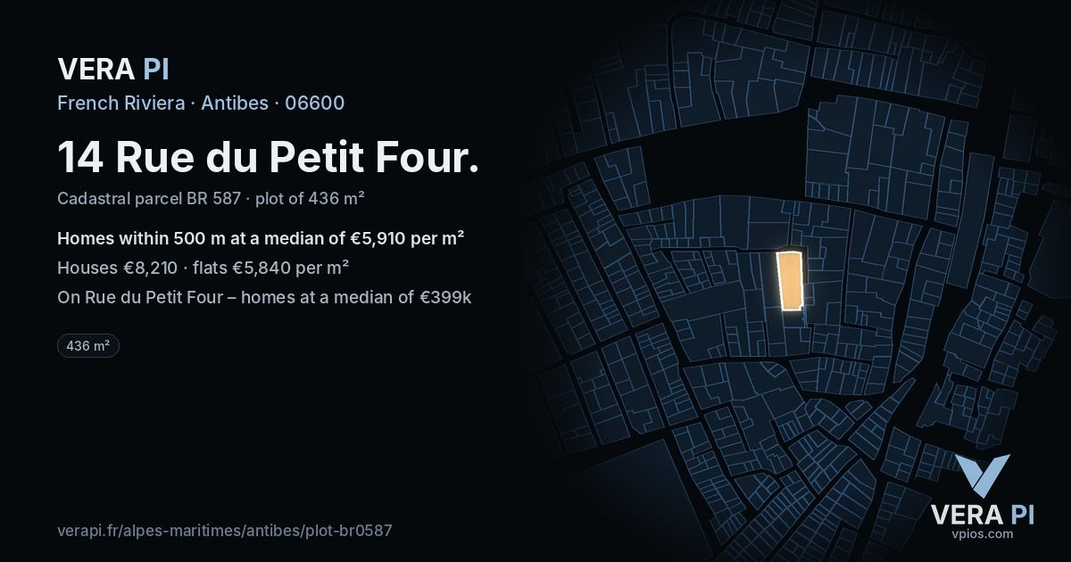 14 Rue du Petit Four, Antibes at night – the plot lit, the parcels around coloured by the prices near them