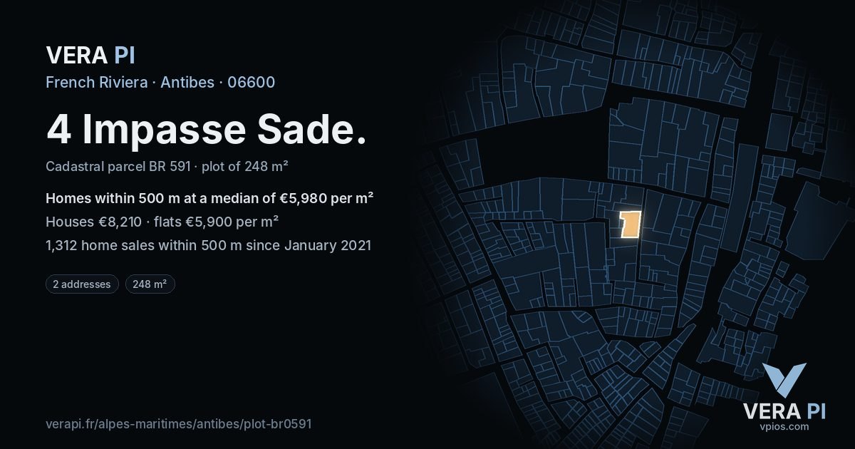 4 Impasse Sade, Antibes at night – the plot lit, the parcels around coloured by the prices near them