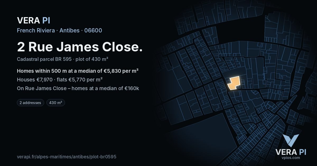 2 Rue James Close, Antibes at night – the plot lit, the parcels around coloured by the prices near them