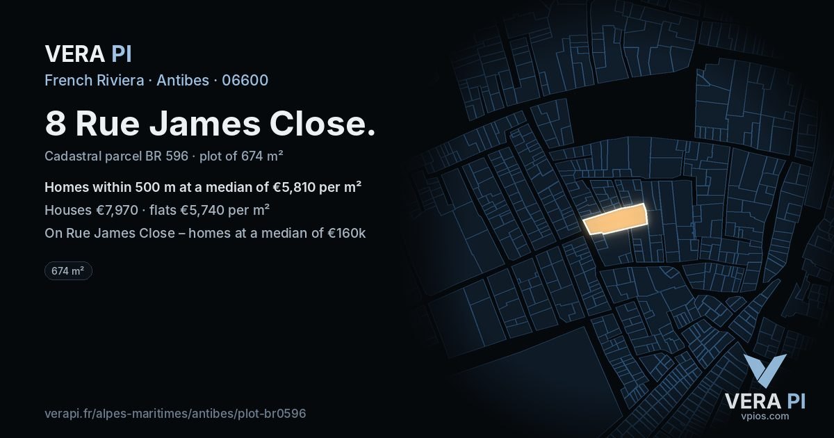8 Rue James Close, Antibes at night – the plot lit, the parcels around coloured by the prices near them