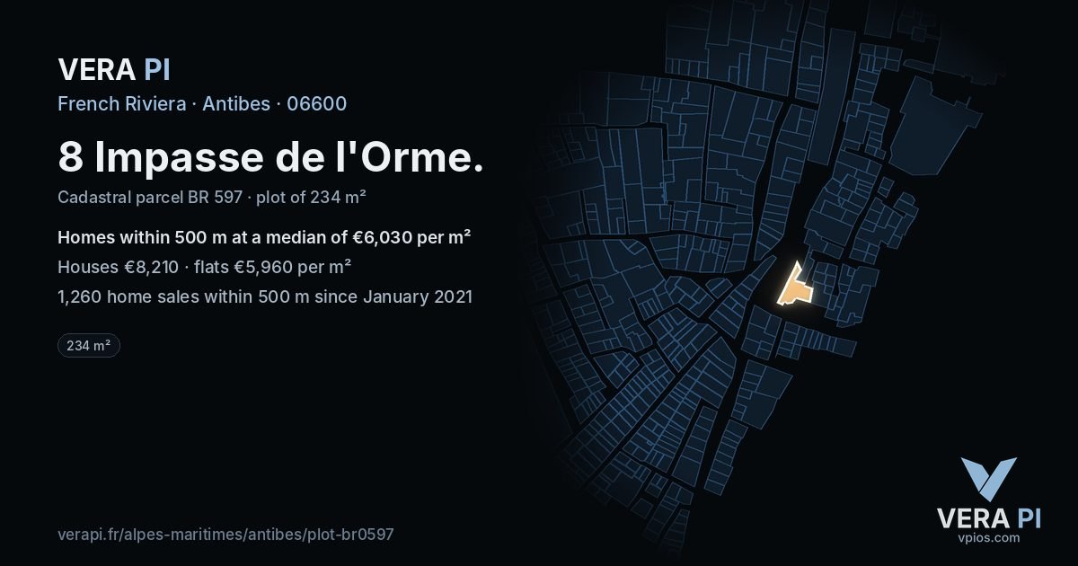 8 Impasse de l'Orme, Antibes at night – the plot lit, the parcels around coloured by the prices near them