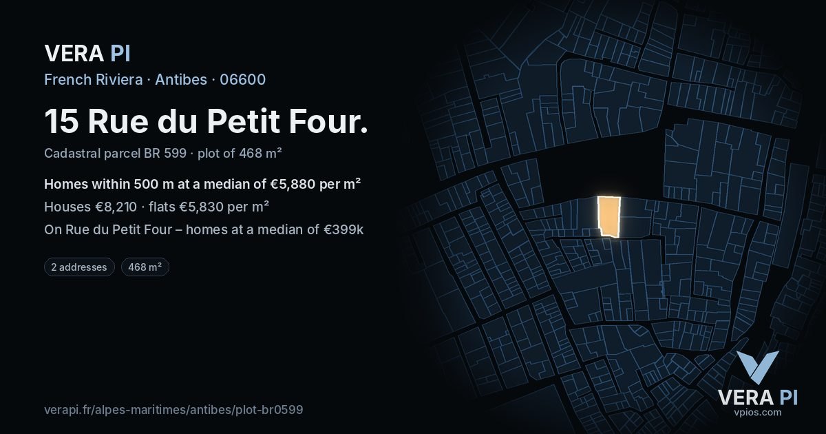 15 Rue du Petit Four, Antibes at night – the plot lit, the parcels around coloured by the prices near them