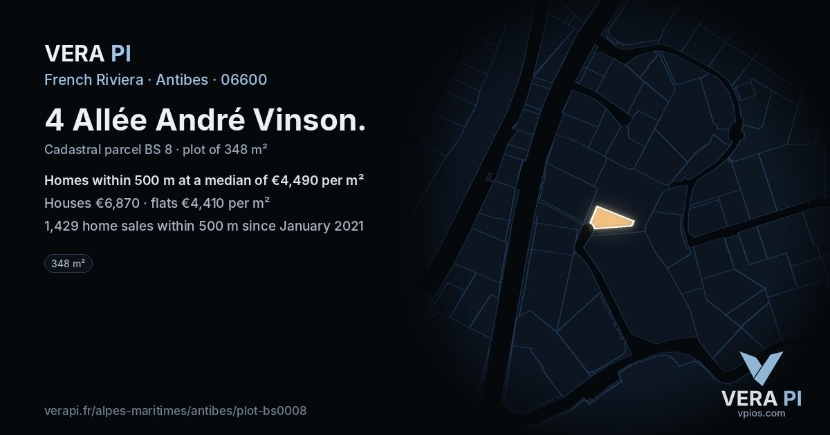 4 Allée André Vinson, Antibes at night – the plot lit, the parcels around coloured by the prices near them