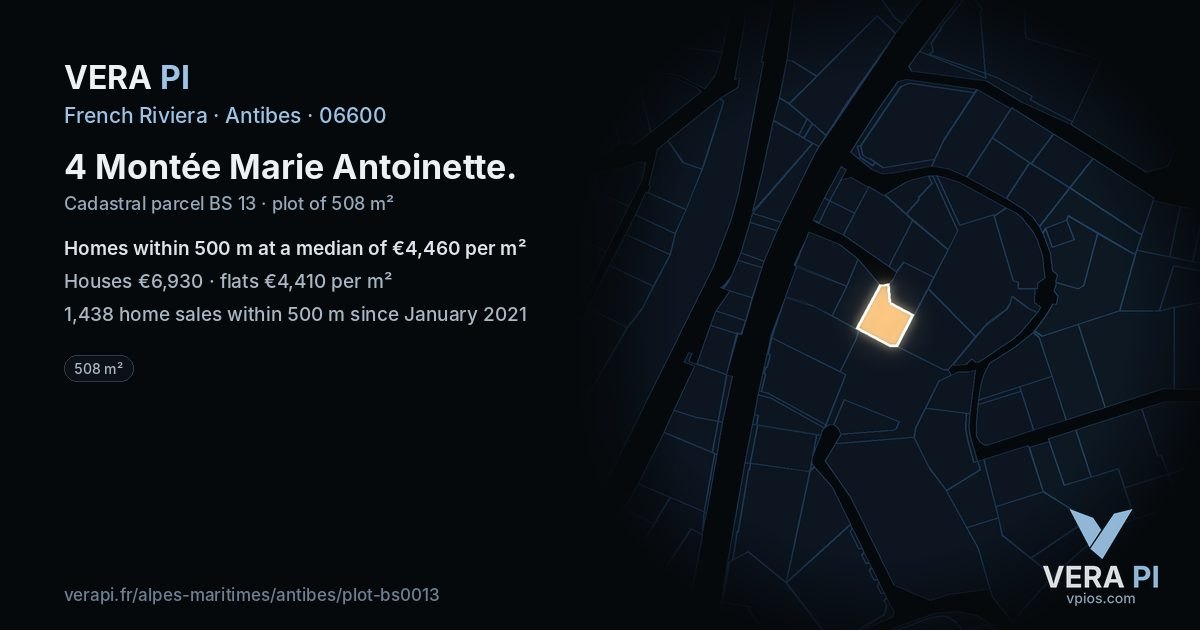 4 Montée Marie Antoinette, Antibes at night – the plot lit, the parcels around coloured by the prices near them