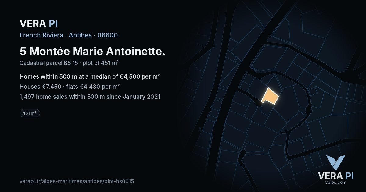 5 Montée Marie Antoinette, Antibes at night – the plot lit, the parcels around coloured by the prices near them