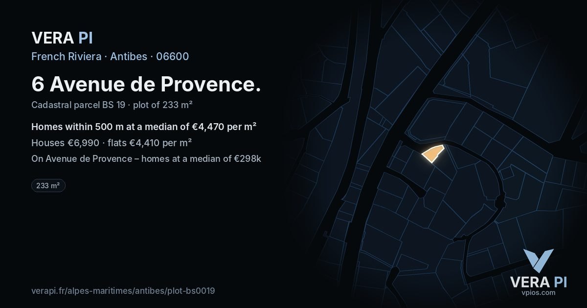 6 Avenue de Provence, Antibes at night – the plot lit, the parcels around coloured by the prices near them