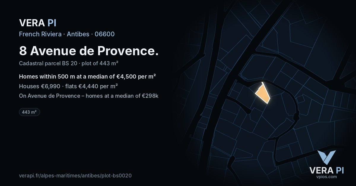 8 Avenue de Provence, Antibes at night – the plot lit, the parcels around coloured by the prices near them