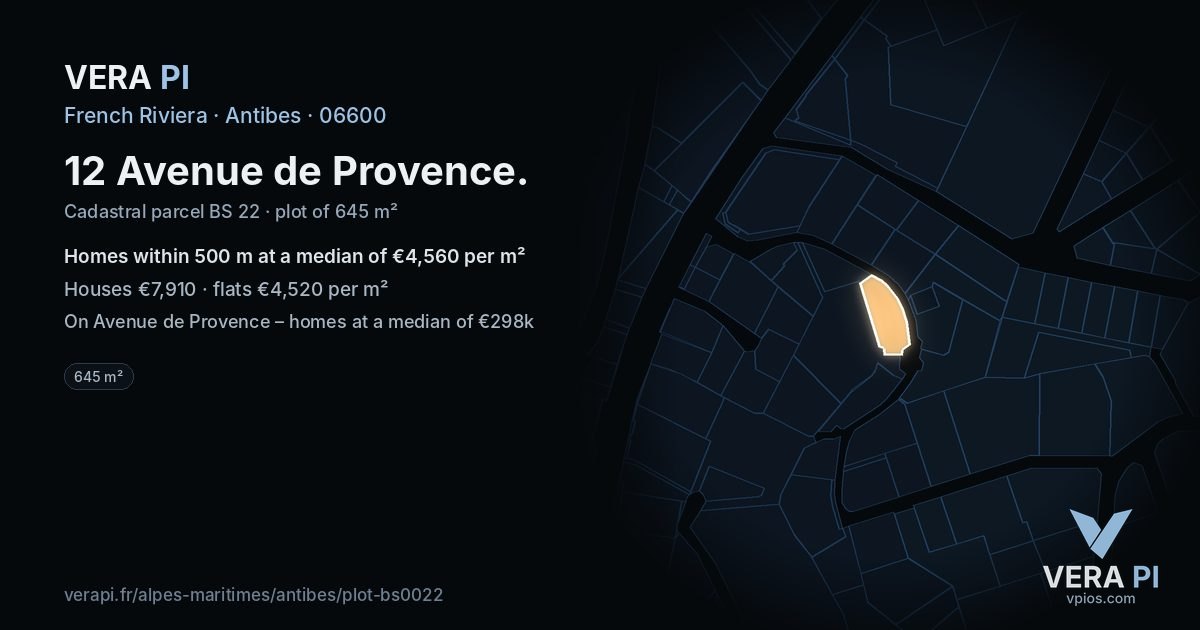 12 Avenue de Provence, Antibes at night – the plot lit, the parcels around coloured by the prices near them