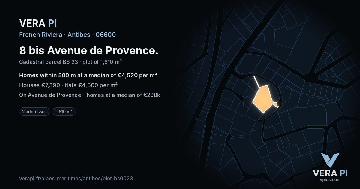 8 bis Avenue de Provence, Antibes at night – the plot lit, the parcels around coloured by the prices near them