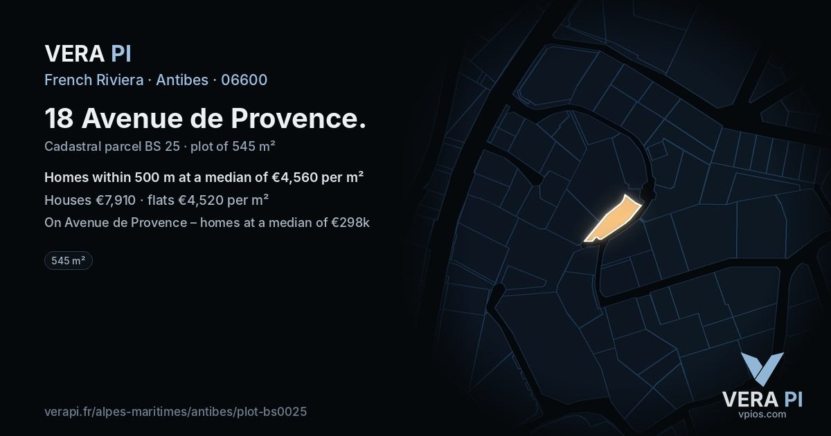 18 Avenue de Provence, Antibes at night – the plot lit, the parcels around coloured by the prices near them