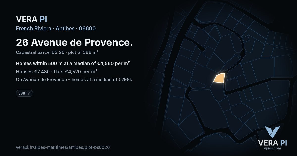 26 Avenue de Provence, Antibes at night – the plot lit, the parcels around coloured by the prices near them