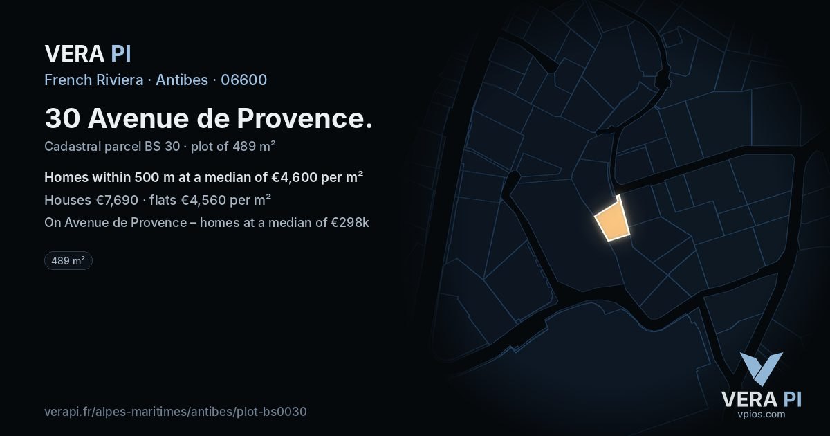 30 Avenue de Provence, Antibes at night – the plot lit, the parcels around coloured by the prices near them