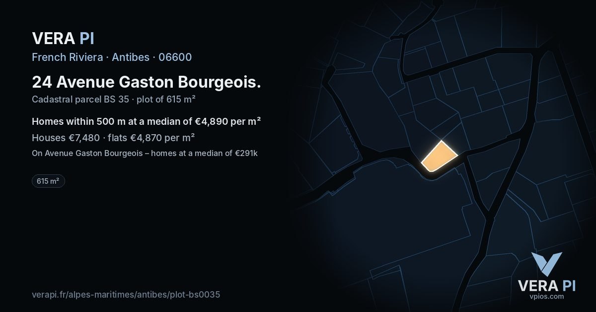 24 Avenue Gaston Bourgeois, Antibes at night – the plot lit, the parcels around coloured by the prices near them