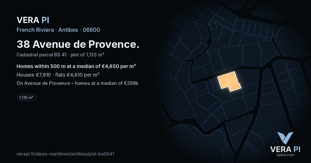 38 Avenue de Provence, Antibes at night – the plot lit, the parcels around coloured by the prices near them