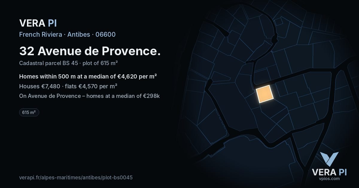 32 Avenue de Provence, Antibes at night – the plot lit, the parcels around coloured by the prices near them