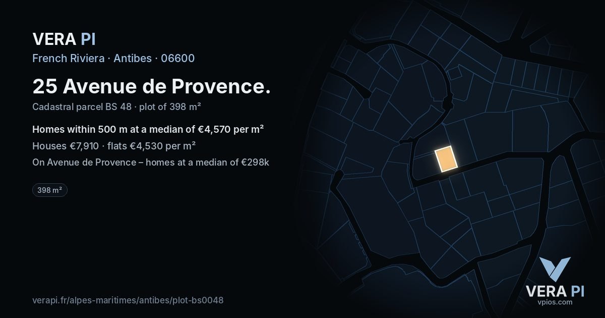 25 Avenue de Provence, Antibes at night – the plot lit, the parcels around coloured by the prices near them