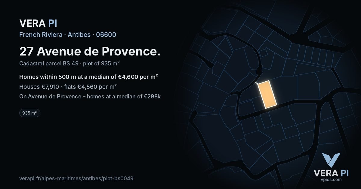 27 Avenue de Provence, Antibes at night – the plot lit, the parcels around coloured by the prices near them