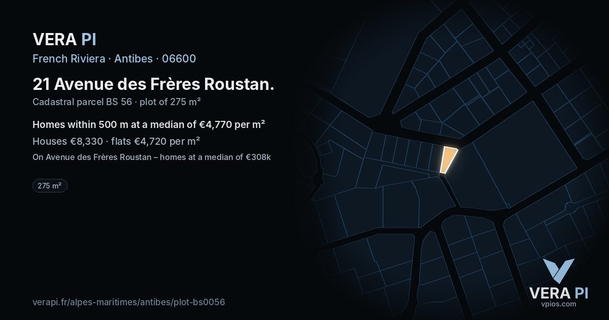 21 Avenue des Frères Roustan, Antibes at night – the plot lit, the parcels around coloured by the prices near them