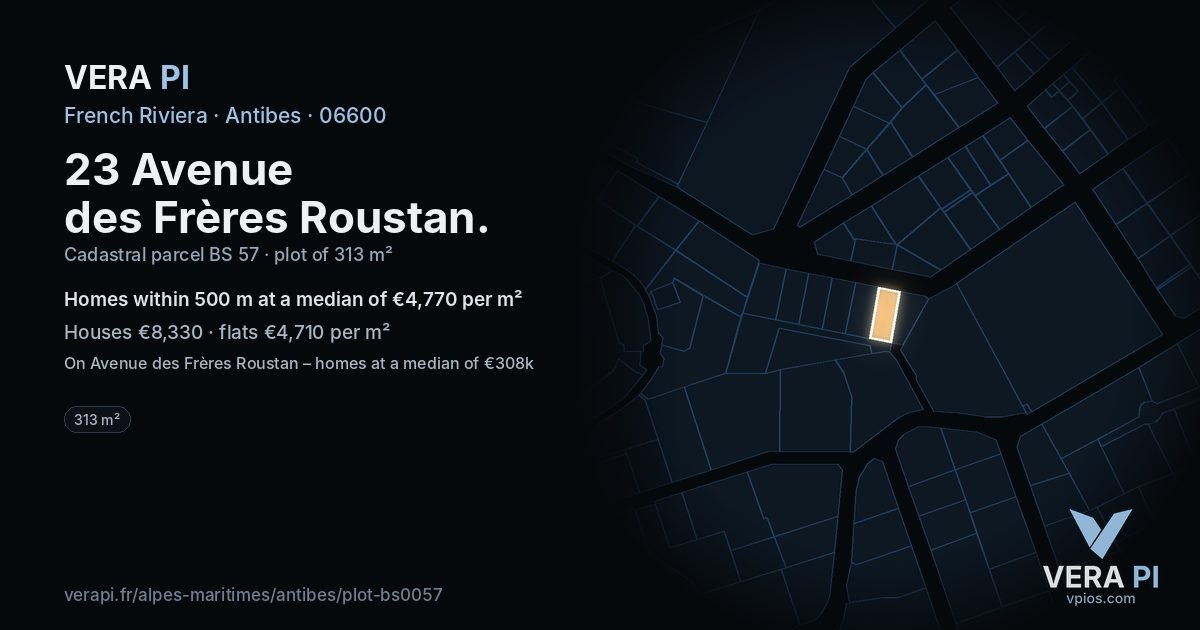 23 Avenue des Frères Roustan, Antibes at night – the plot lit, the parcels around coloured by the prices near them