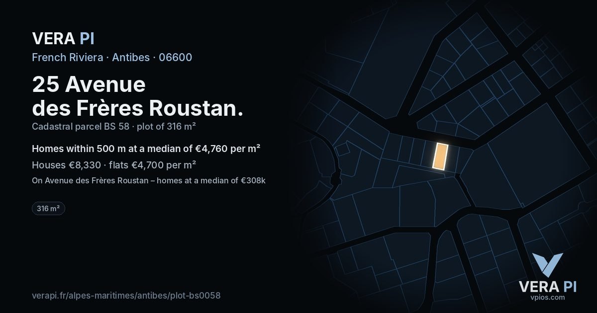 25 Avenue des Frères Roustan, Antibes at night – the plot lit, the parcels around coloured by the prices near them