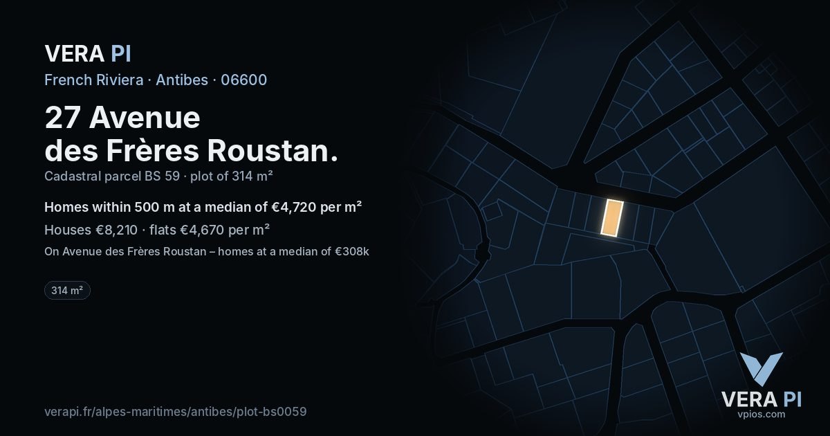 27 Avenue des Frères Roustan, Antibes at night – the plot lit, the parcels around coloured by the prices near them