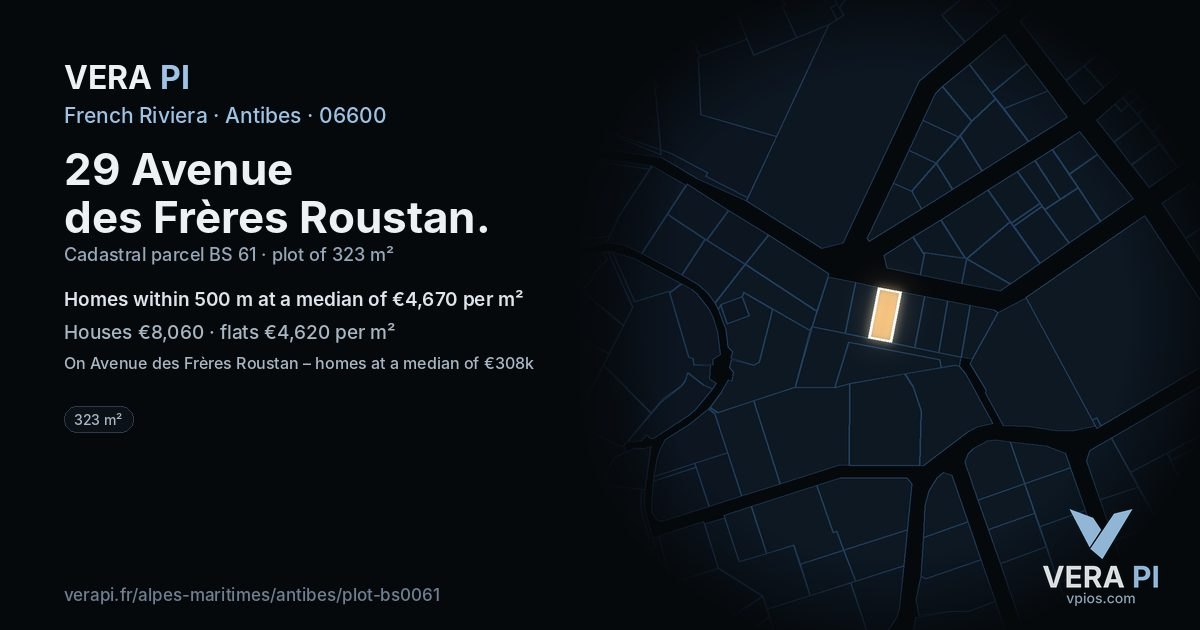 29 Avenue des Frères Roustan, Antibes at night – the plot lit, the parcels around coloured by the prices near them