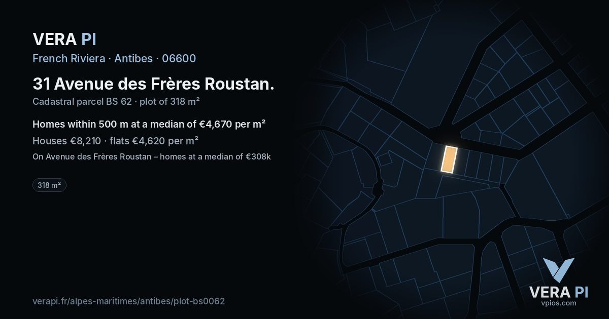 31 Avenue des Frères Roustan, Antibes at night – the plot lit, the parcels around coloured by the prices near them