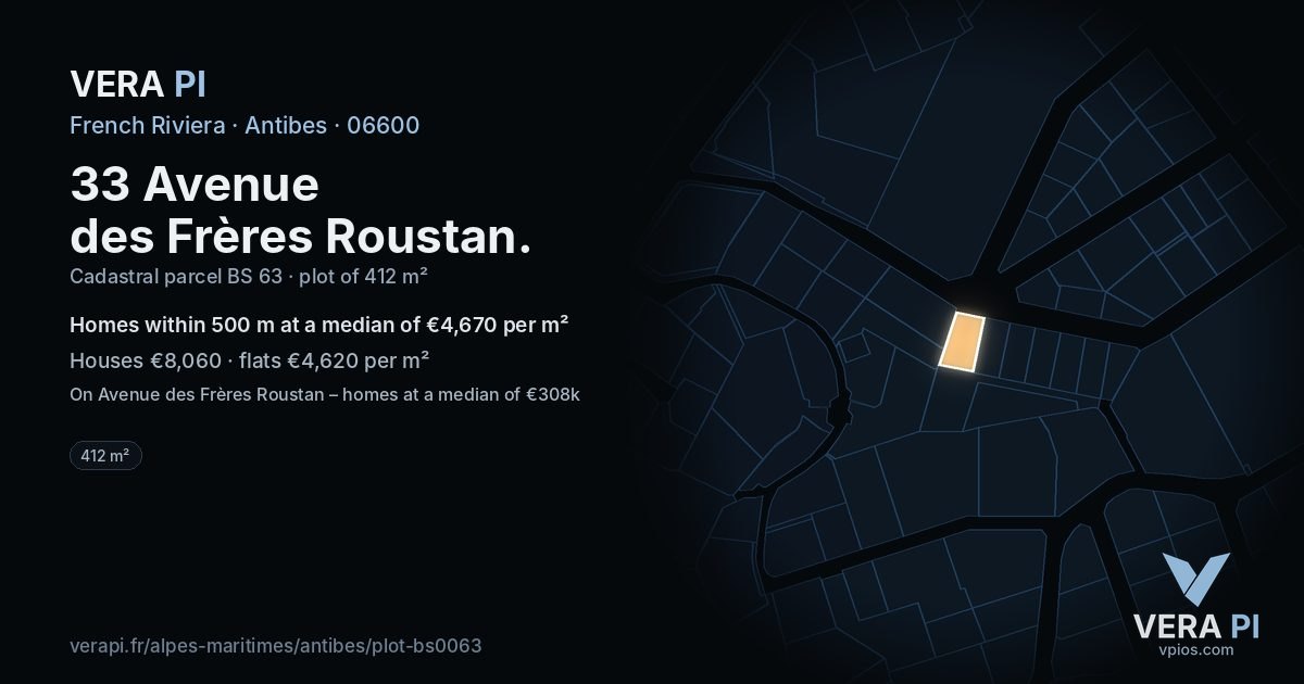 33 Avenue des Frères Roustan, Antibes at night – the plot lit, the parcels around coloured by the prices near them