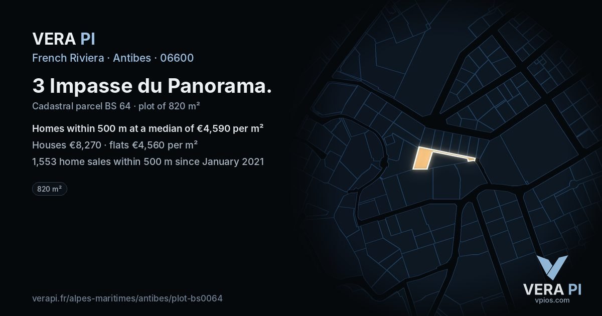 3 Impasse du Panorama, Antibes at night – the plot lit, the parcels around coloured by the prices near them