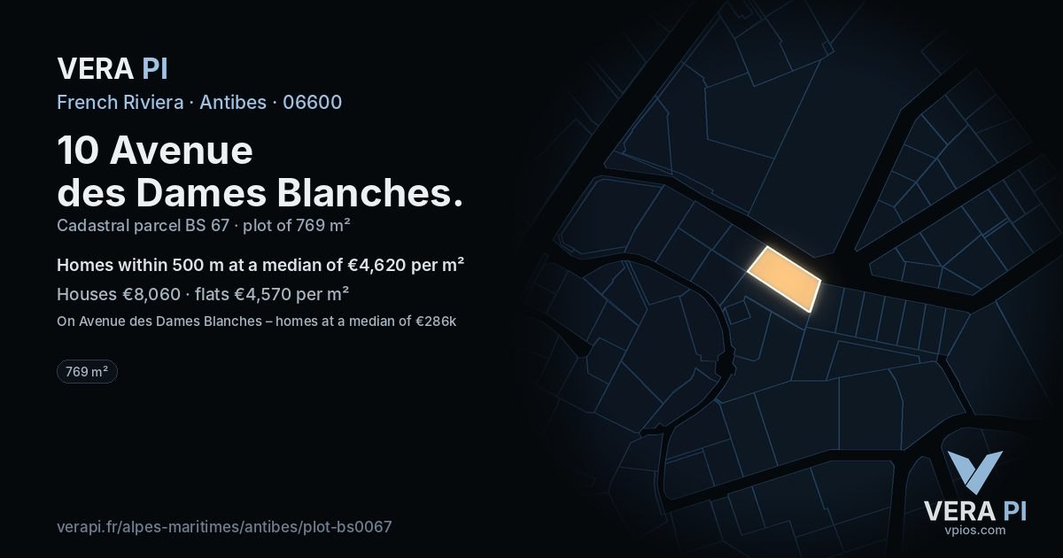 10 Avenue des Dames Blanches, Antibes at night – the plot lit, the parcels around coloured by the prices near them