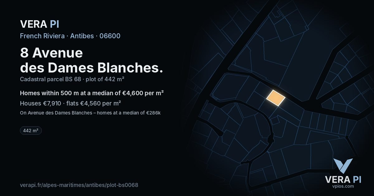 8 Avenue des Dames Blanches, Antibes at night – the plot lit, the parcels around coloured by the prices near them