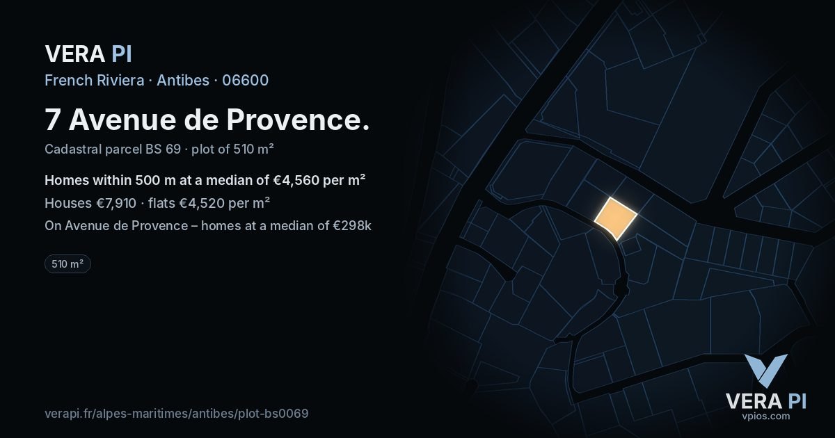 7 Avenue de Provence, Antibes at night – the plot lit, the parcels around coloured by the prices near them